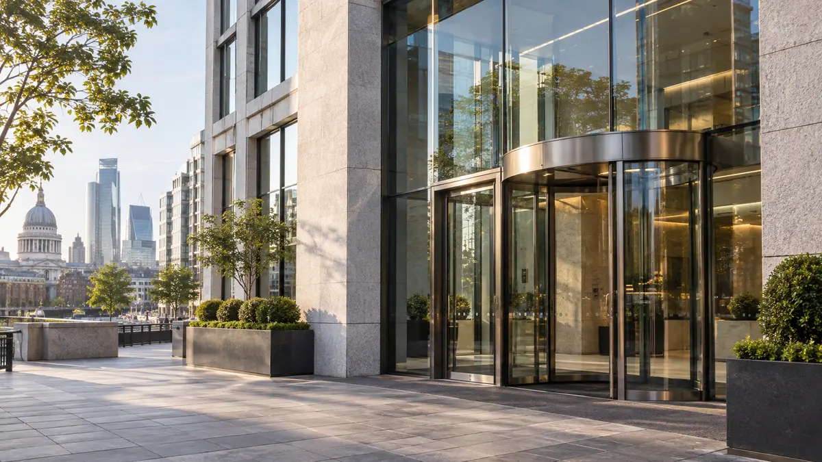 Contemporary London bank office facade with glass windows and stone detailing