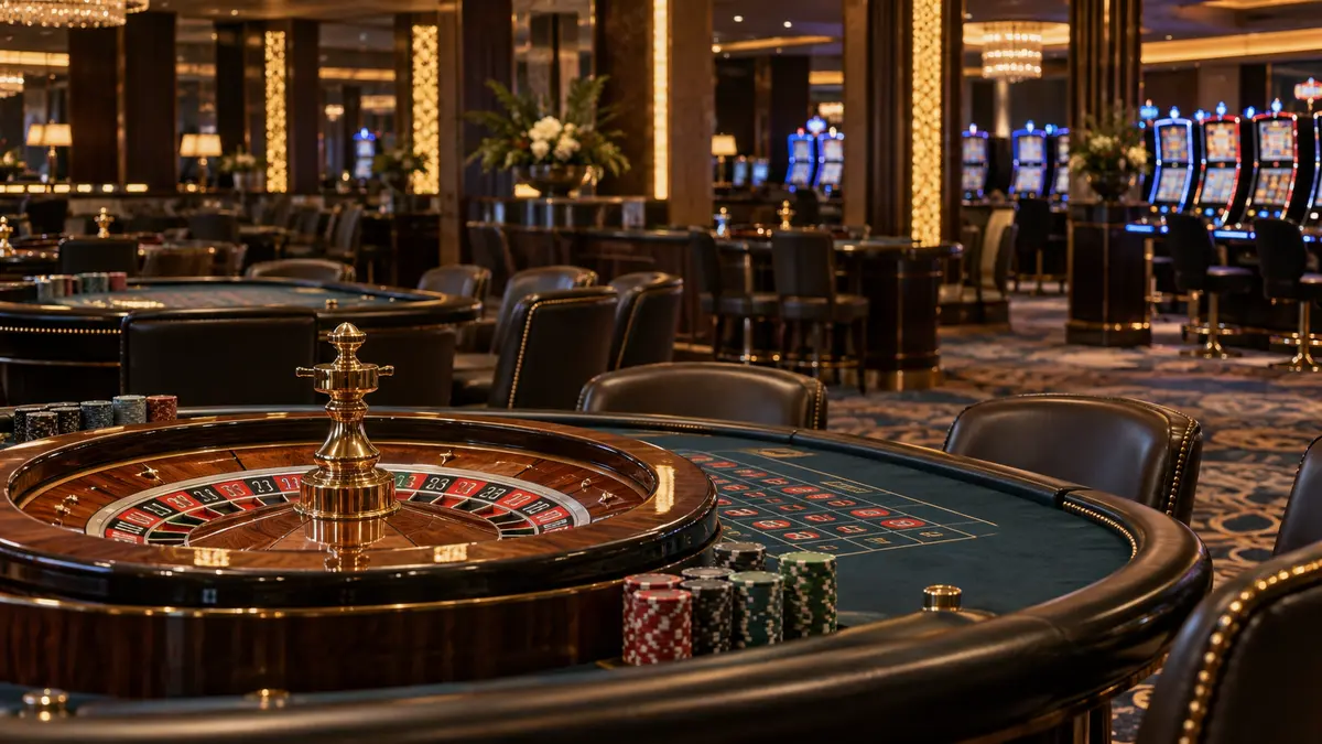 Empty casino gaming floor with roulette tables and dimly glowing slot machines