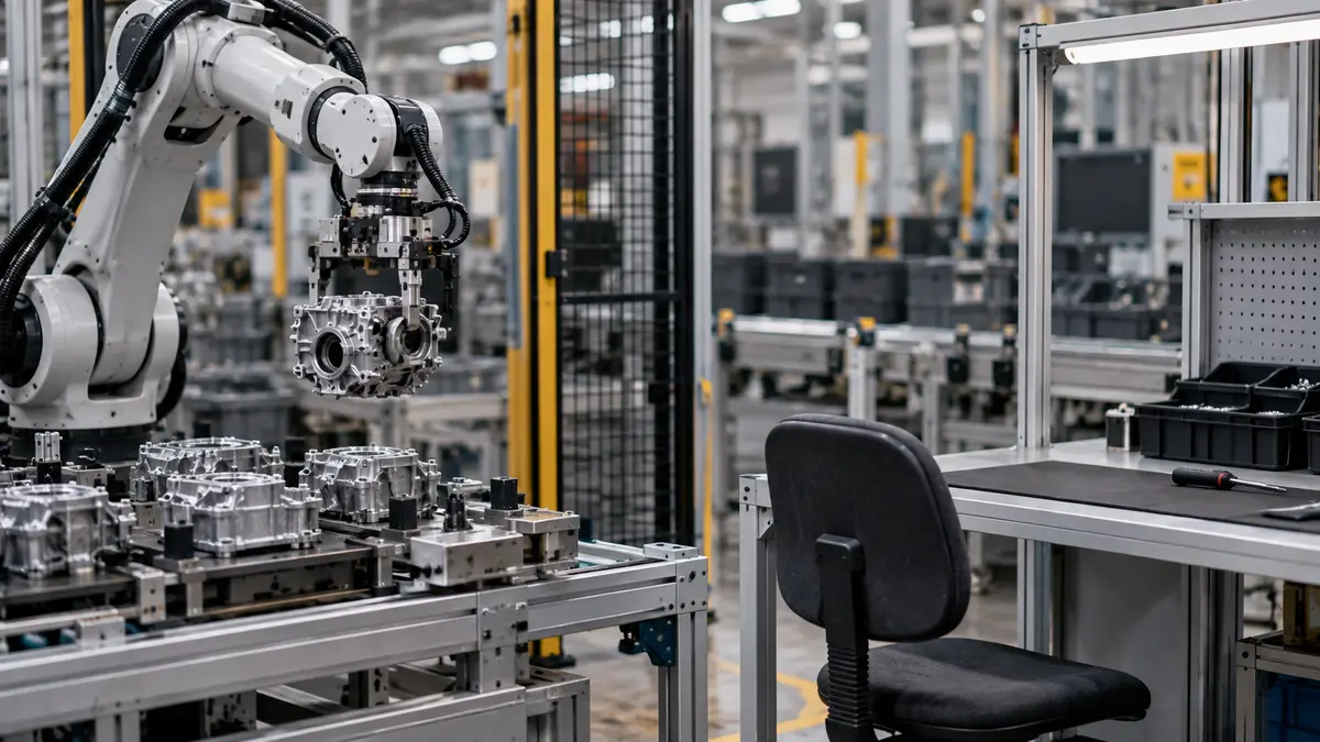 Industrial robot handling a component beside an empty human workstation