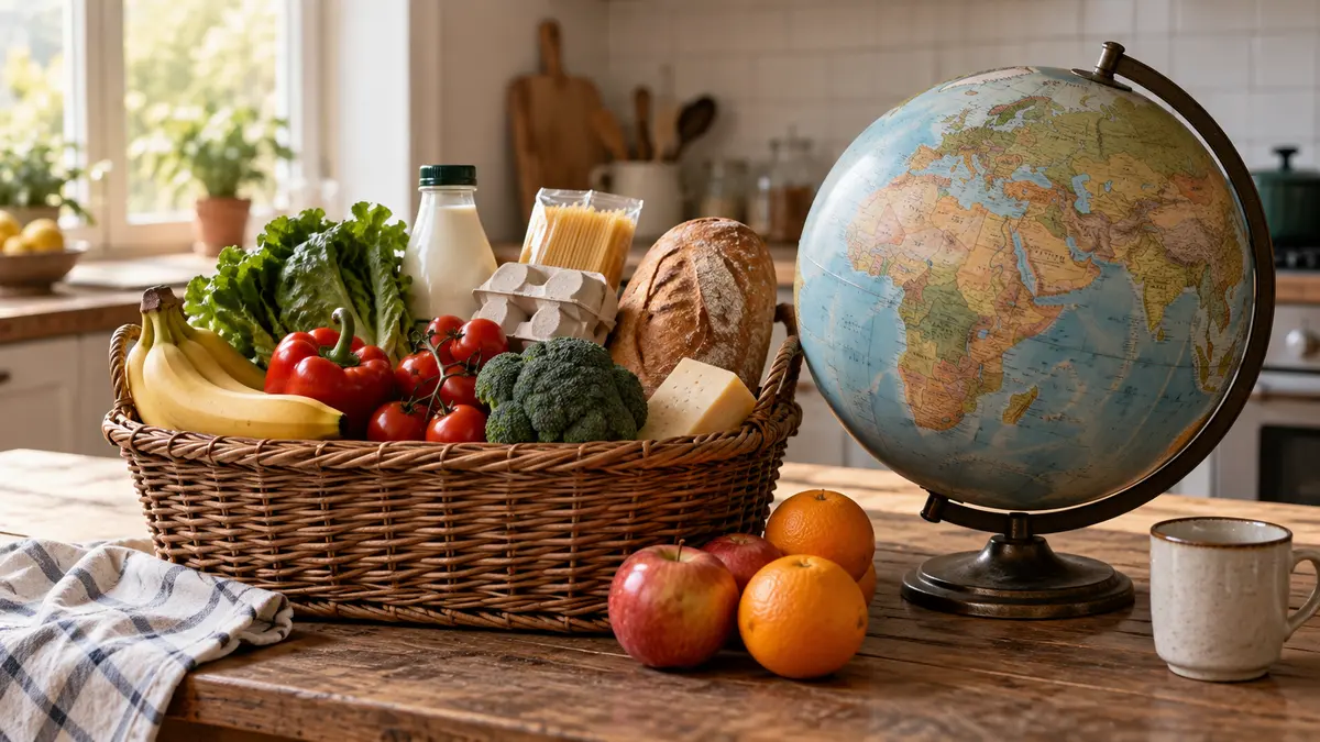 Корзина повседневных продуктов и глобус на столе