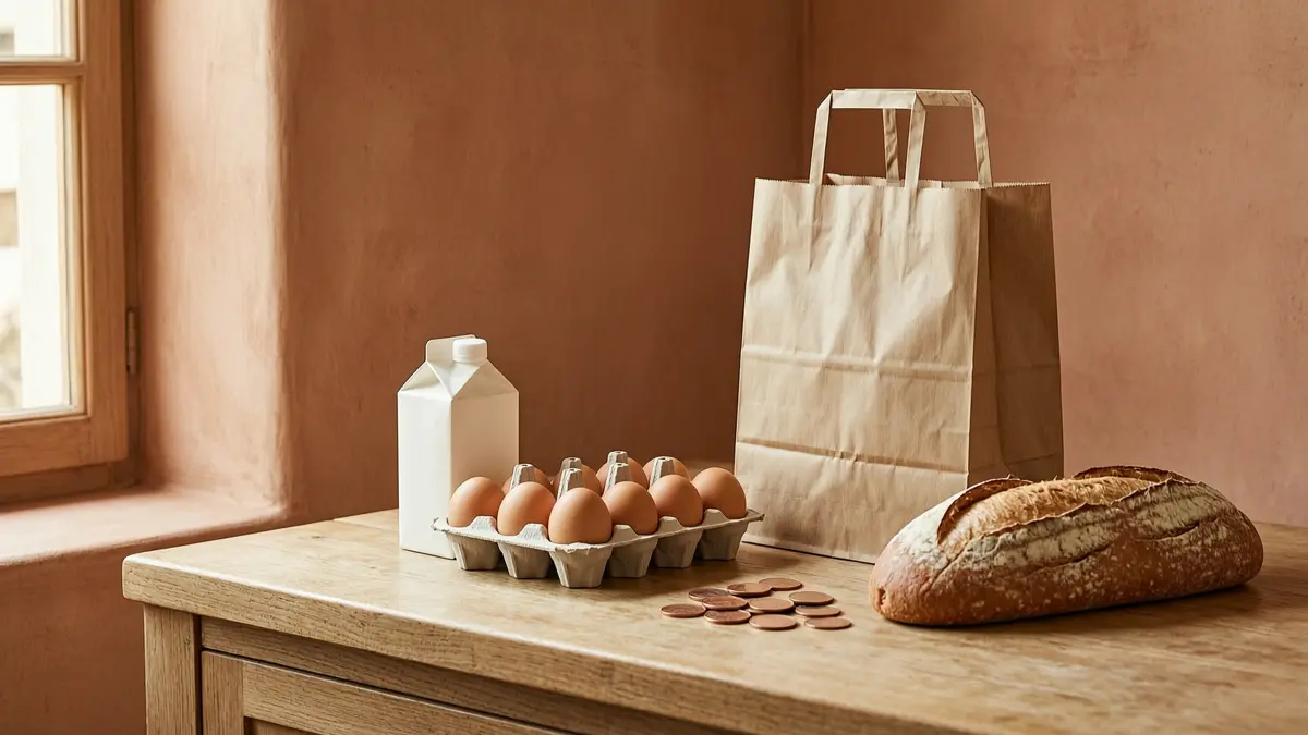 Groceries, eggs, bread, a carton of milk and copper coins on a wooden kitchen counter
