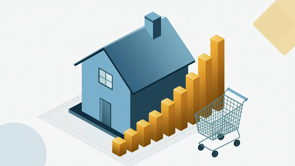 Rising housing and everyday costs Isometric illustration of a house, a shopping cart and ascending bars suggesting rising living costs