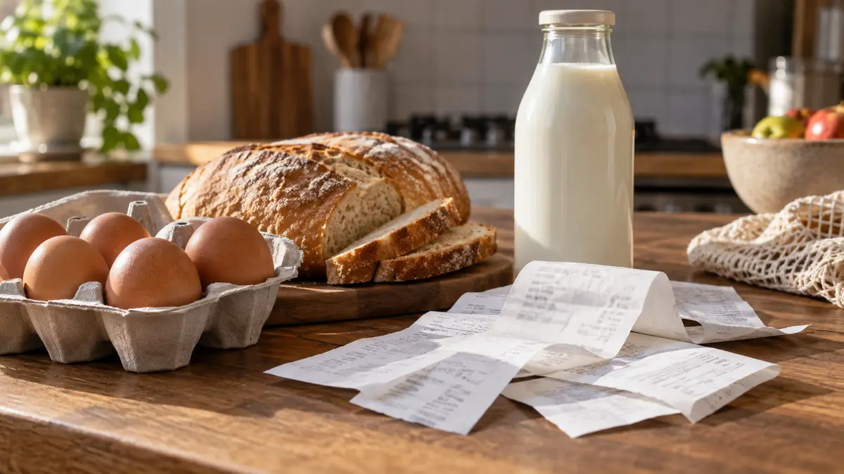 Eggs, bread, a milk bottle and household receipts on a wooden kitchen counter