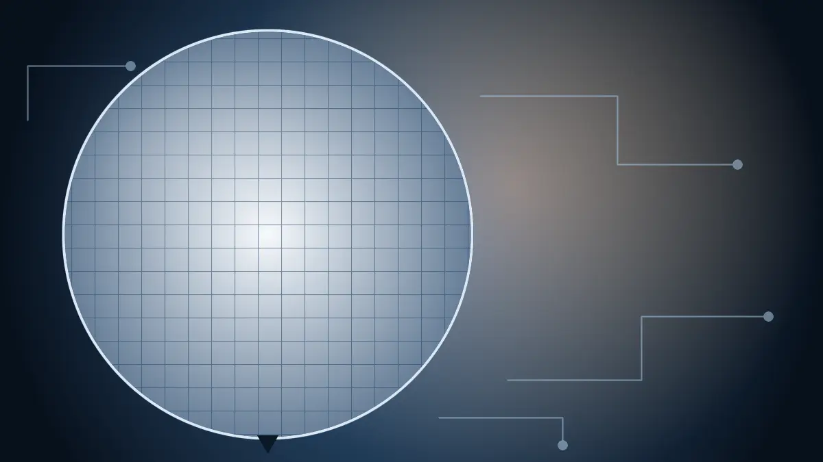 A polished silicon wafer with a fine die grid on a steel-blue background