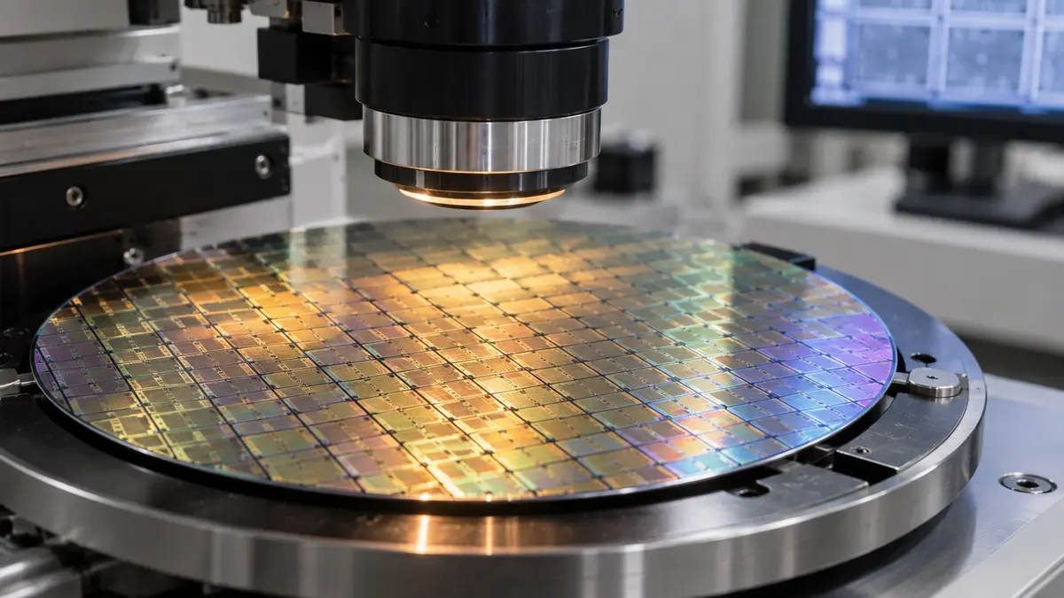 Silicon wafer with a regular die pattern in a semiconductor inspection laboratory