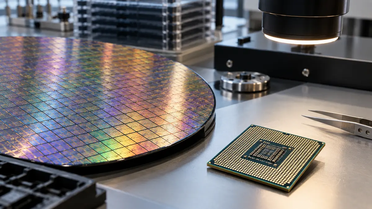 Processor package and silicon wafer on an electronics inspection workbench