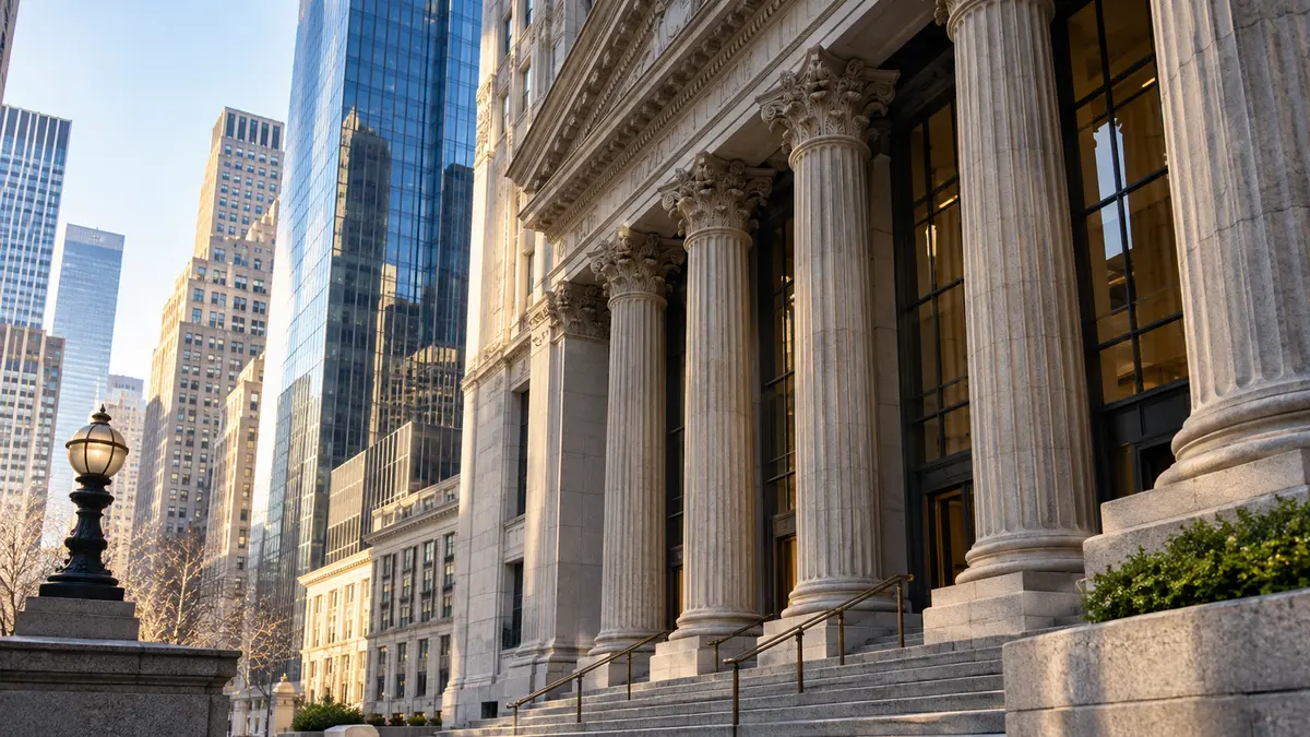 Manhattan-style financial district bank facade with stone columns and glass towers
