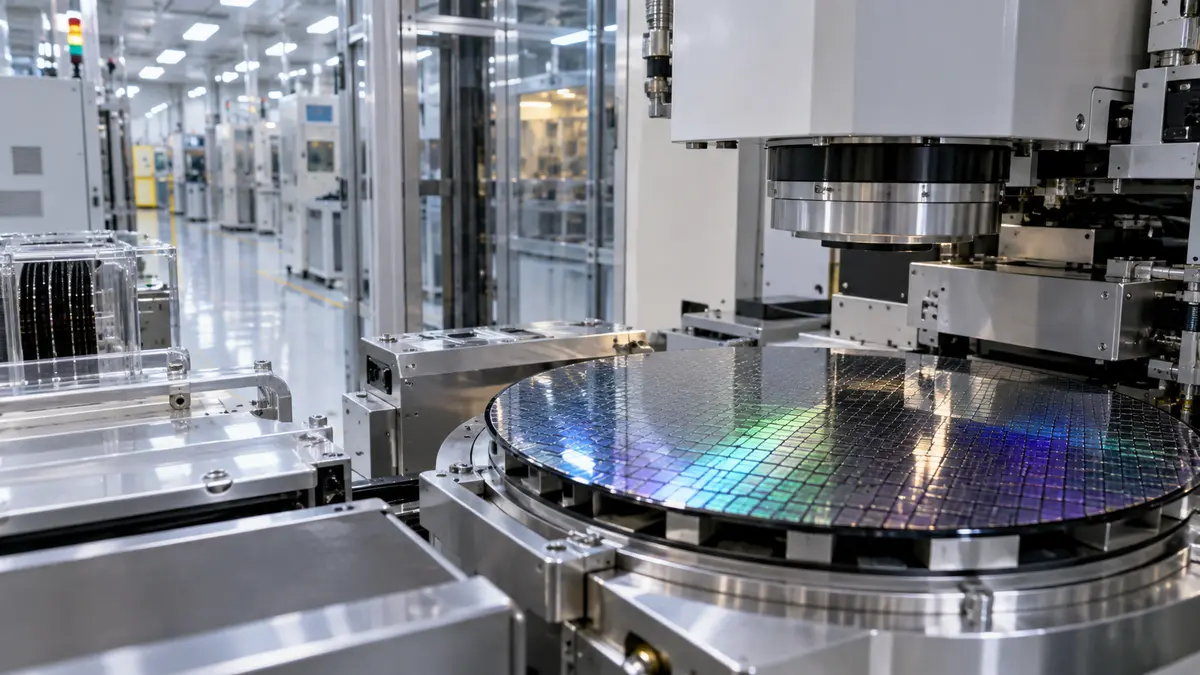 Semiconductor manufacturing equipment inside a clean Korean-style electronics factory