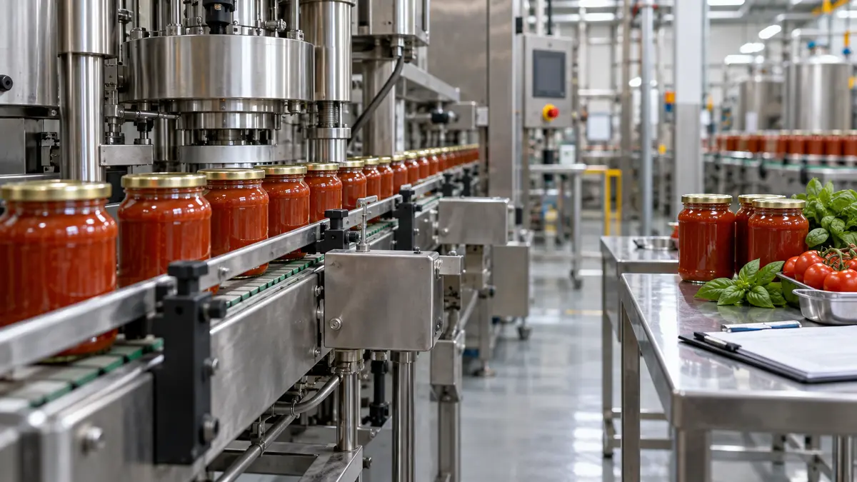 Packaged food processing machinery and quality-control bench in a factory