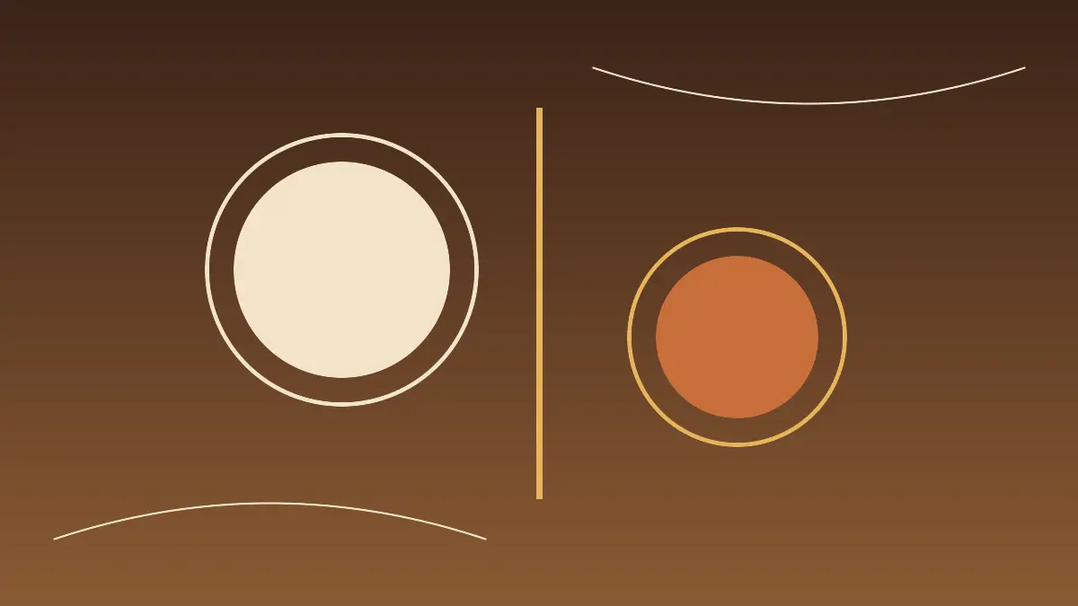 Abstract editorial illustration: two circles separated by a vertical line on a terracotta background