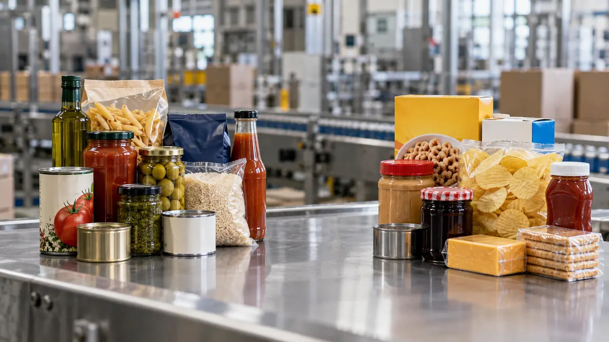 Две группы упакованных пищевых продуктов на отгрузочном столе