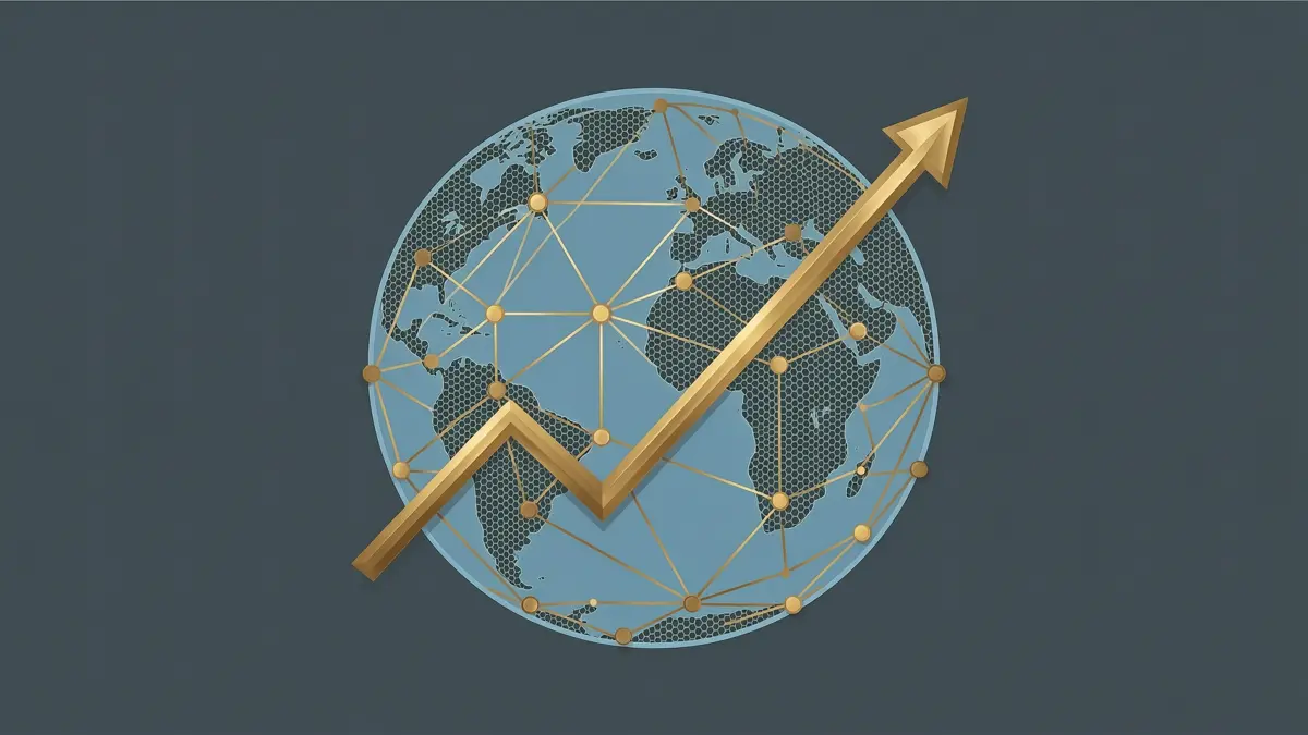 A globe with connected economic nodes and a rising line