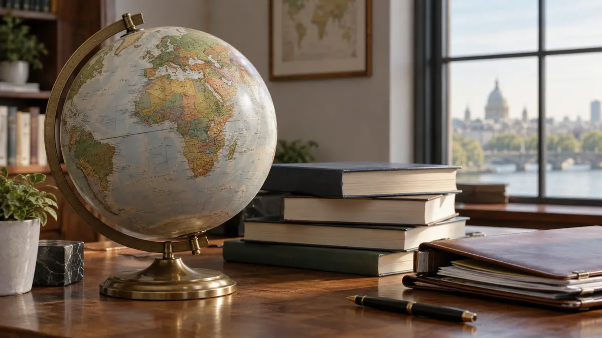 Physical terrestrial globe beside economic research books and closed folders on a desk