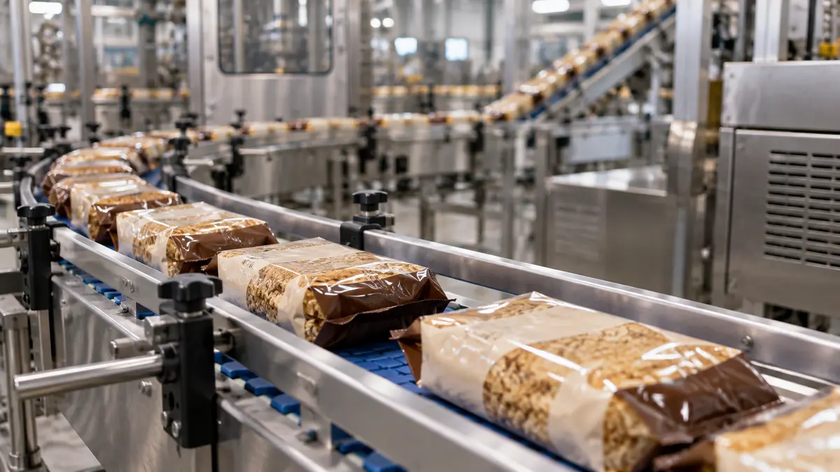 Automated packaged-food conveyor inside a large food processing plant