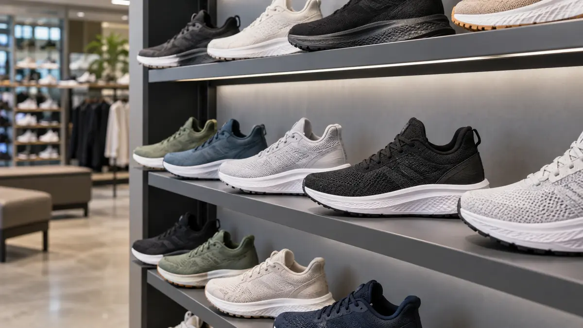 Unbranded athletic shoes displayed on a clean sporting goods store shelf