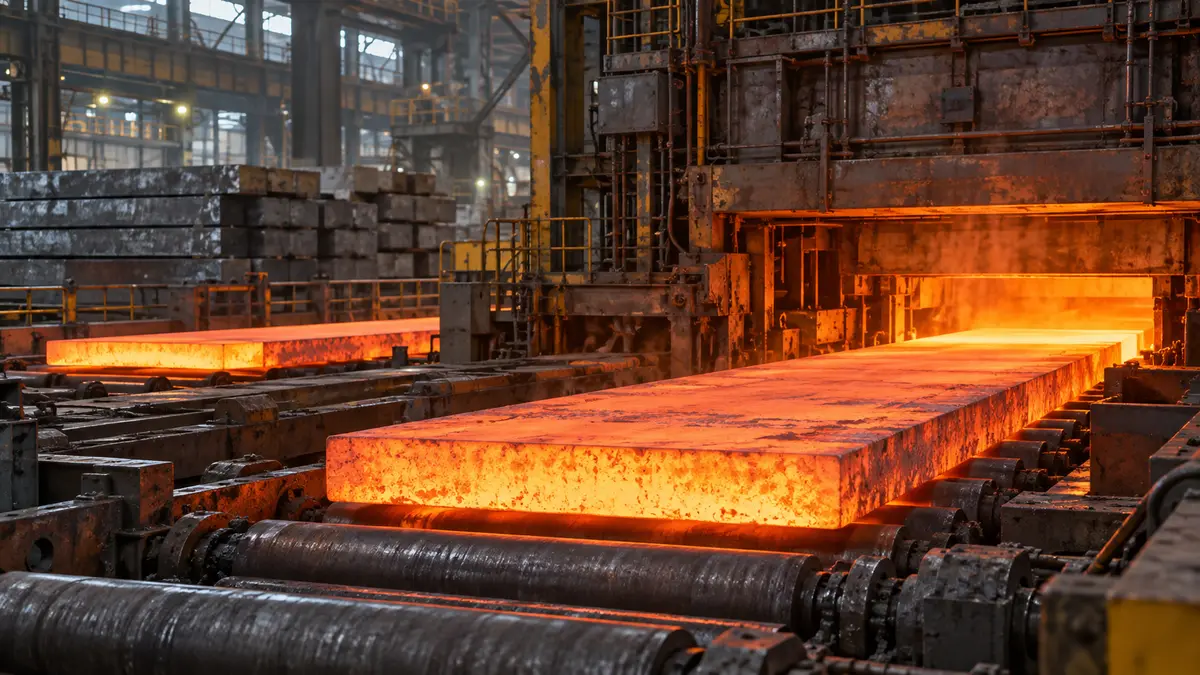 Steel slabs and glowing rolling mill equipment in a large steelworks