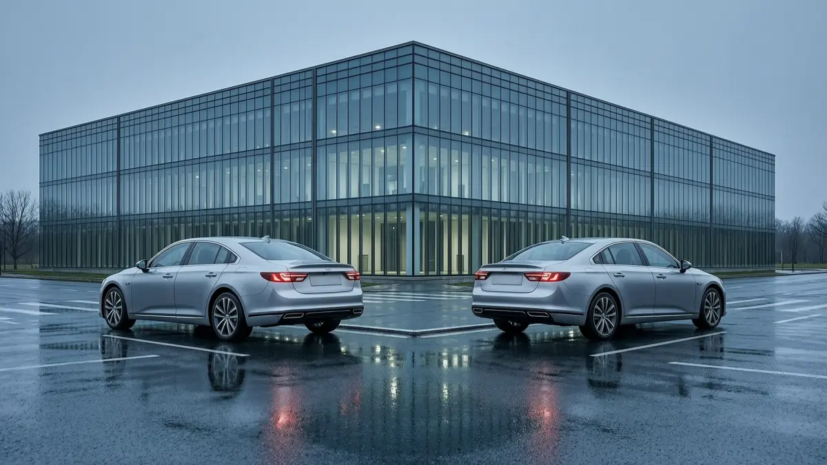 Two silver sedans facing in opposite directions at a crossroads outside a glass office building at dusk