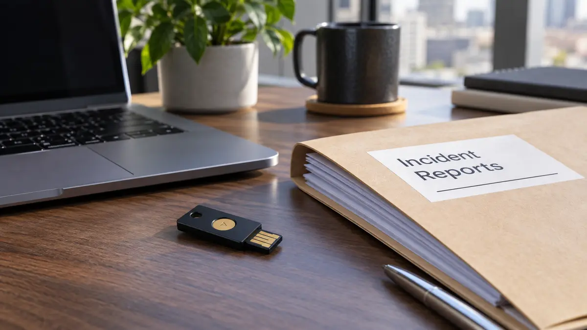 Hardware security key beside an incident-report folder and a laptop in a technology workspace
