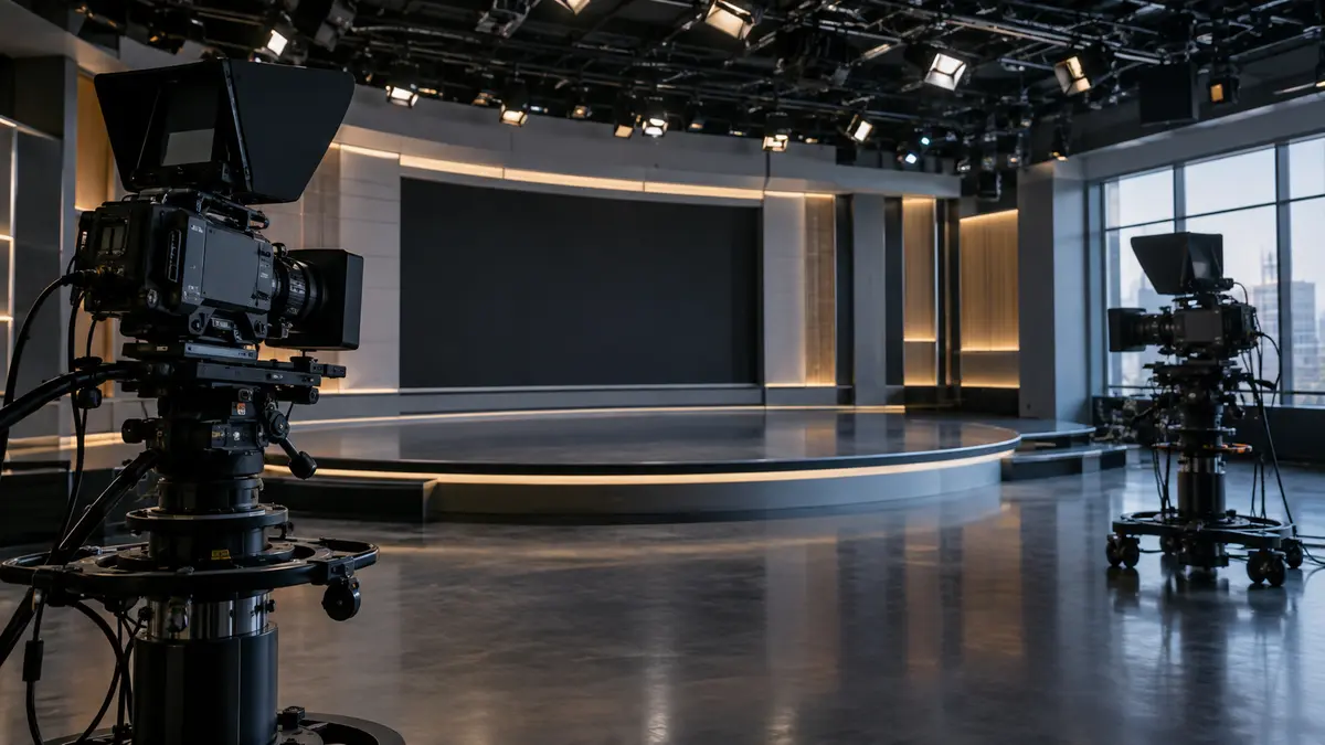 Empty television production studio with cameras and an unlit stage