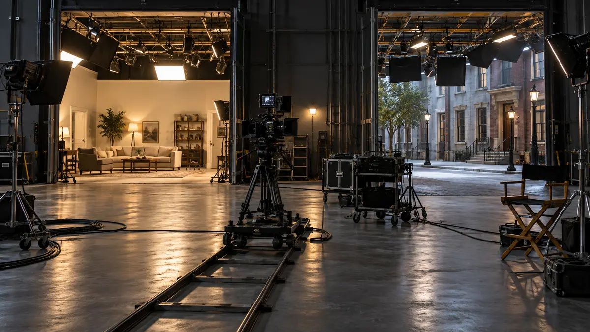 Two empty film studio sound stages with professional camera equipment between them Two empty film studio sound stages with professional camera equipment between them