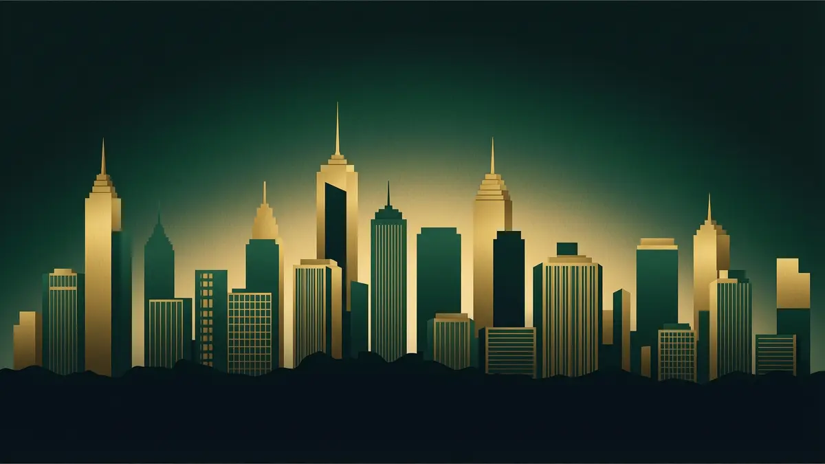 Abstract skyline of a financial district at dawn