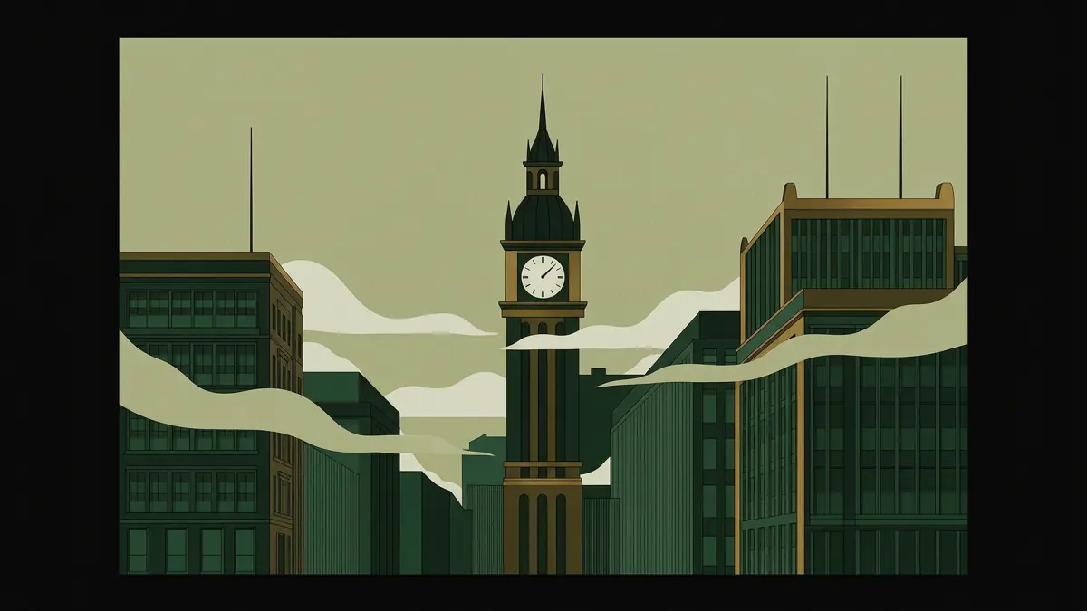 Quiet street with clock tower shapes