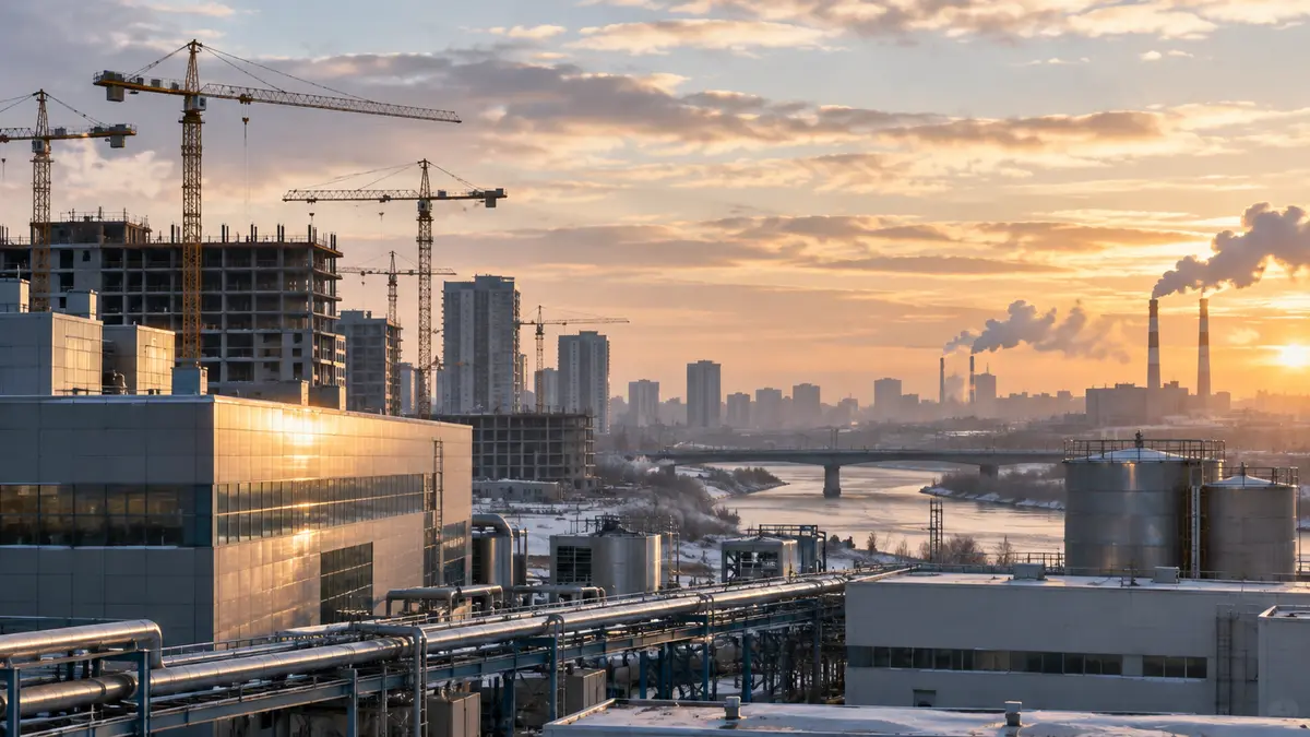 City industrial district with construction cranes and modern production buildings