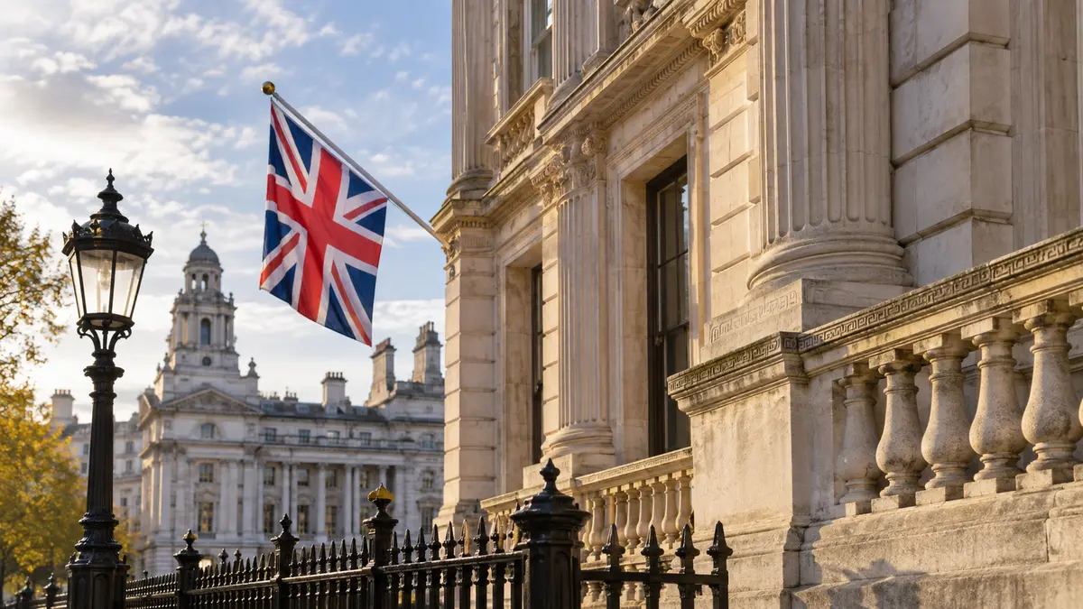 British Treasury-style government building with a Union Jack and stone architecture