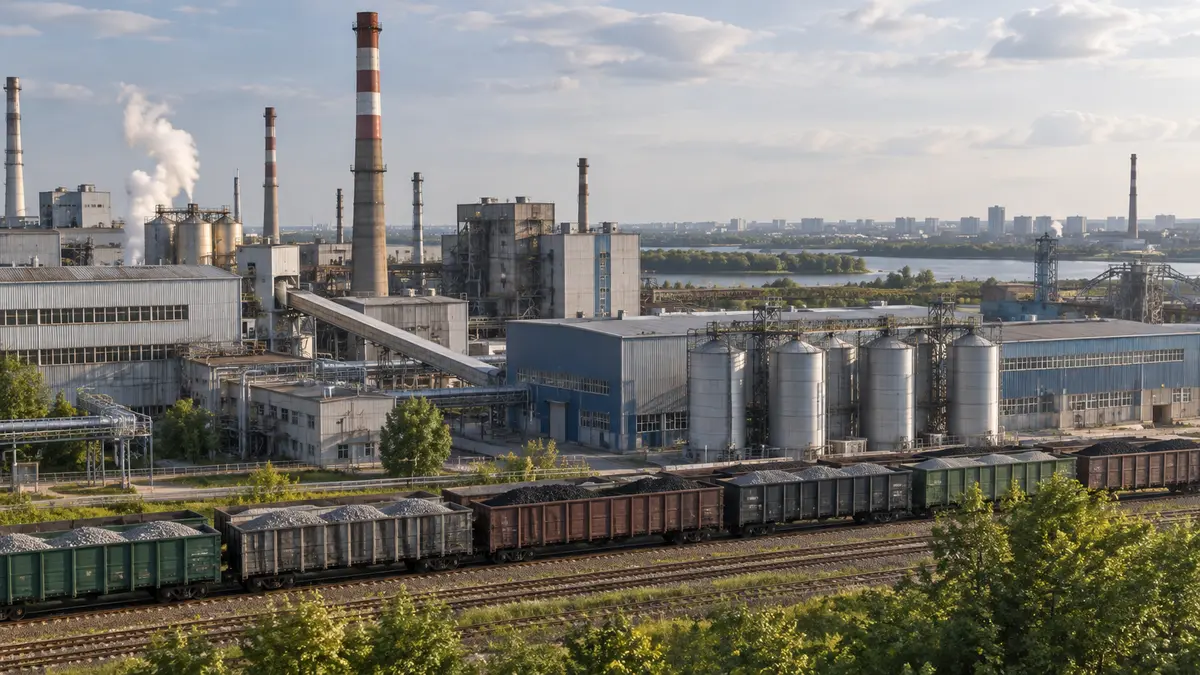Manufacturing district with factory rooftops and a freight train under soft daylight