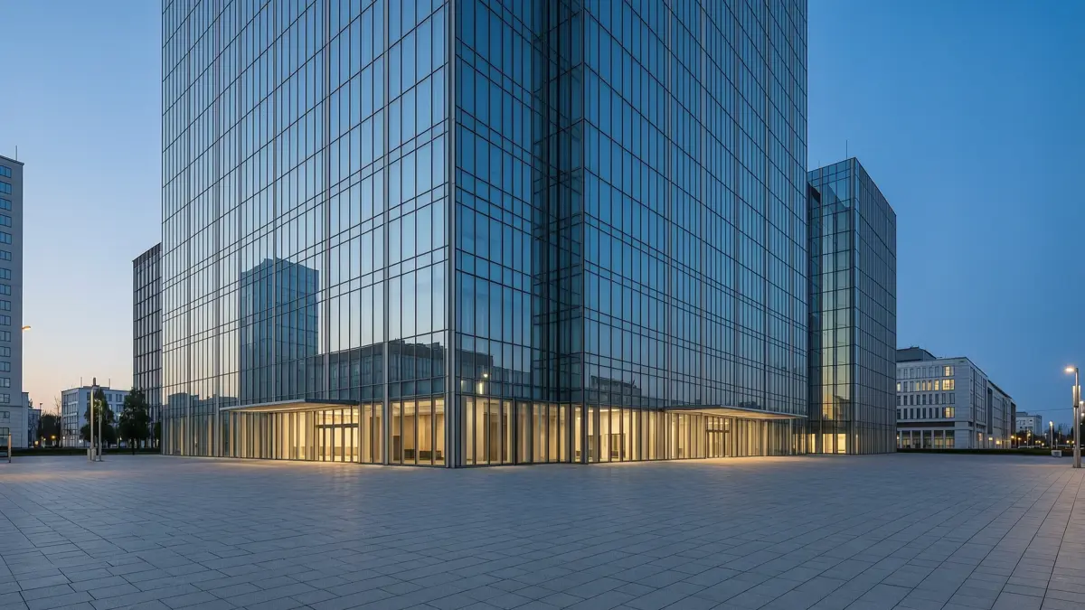 Modern glass exchange tower in a financial district at dusk, empty plaza in front