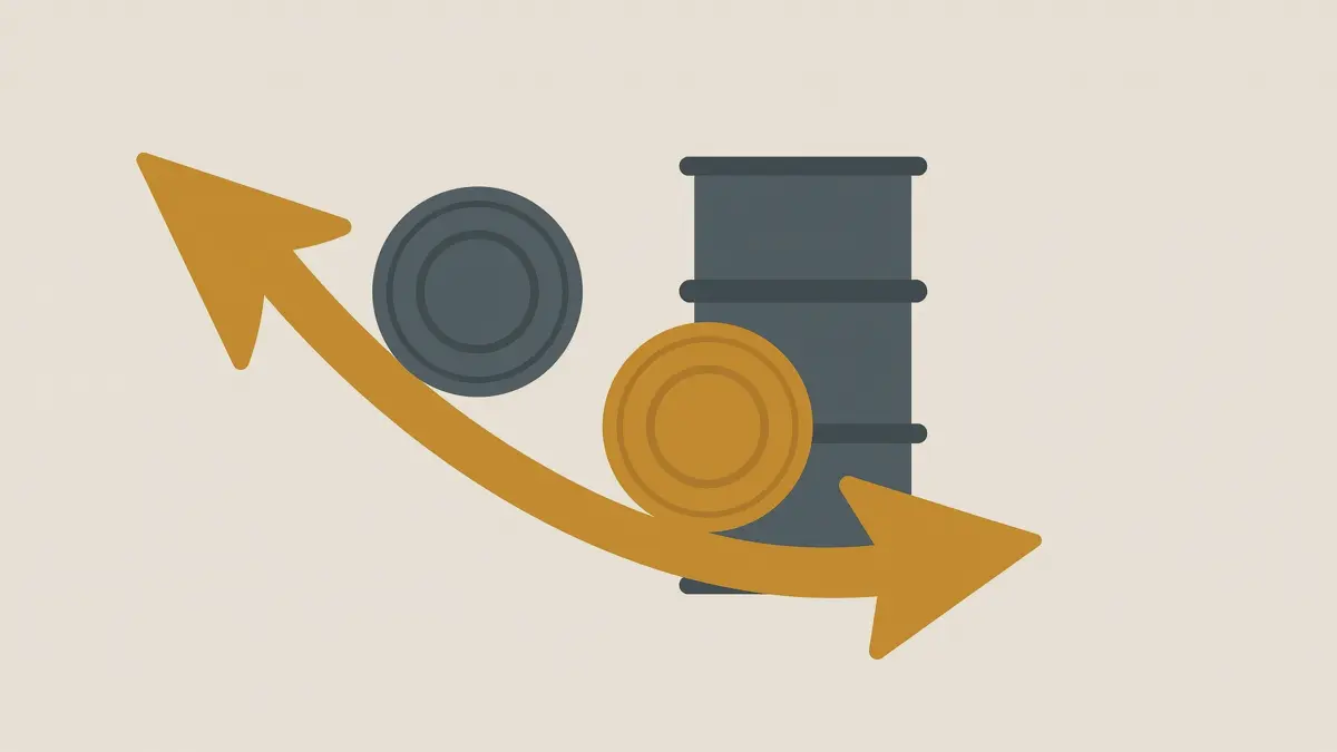 Flat illustration of coins and arrows near an oil barrel in slate and amber tones