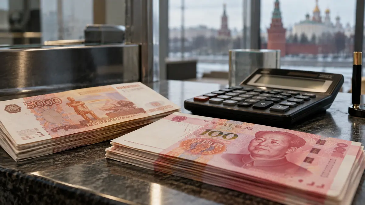 Russian ruble and Chinese yuan banknotes beside a calculator on a currency exchange counter