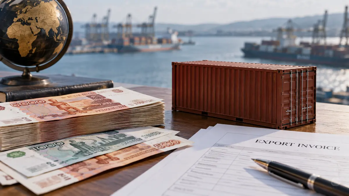 Ruble banknotes beside export invoices and a small metal shipping-container model