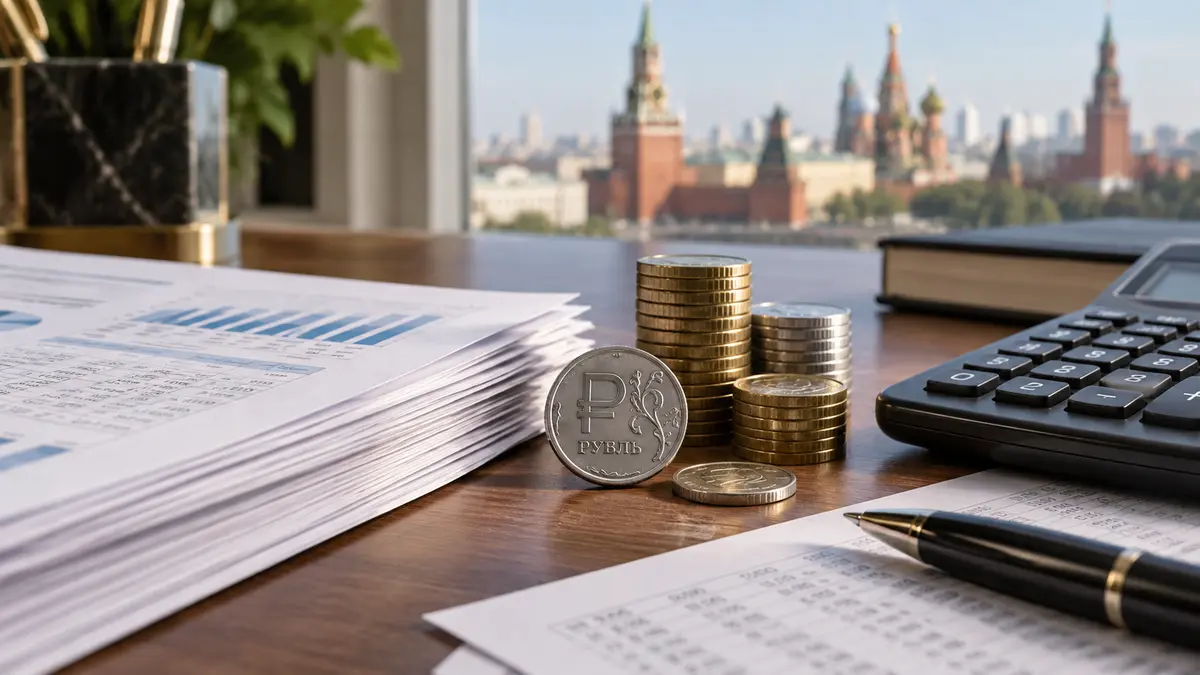 Bank financial statements and a calculator beside ruble coins on an office desk