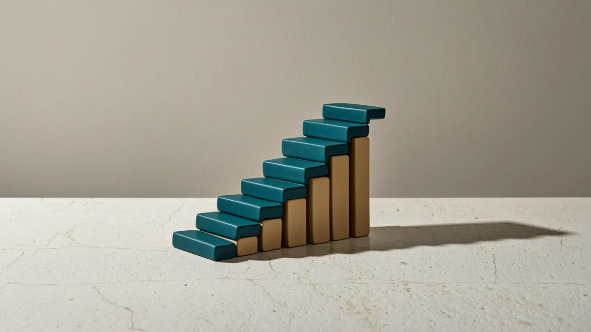Abstract staircase of teal and sand ceramic blocks rising on a pale stone surface