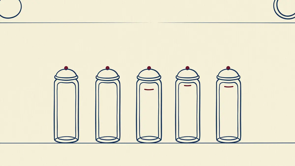 Line-art illustration of a row of tall cylindrical storage vessels with rounded lids on cream paper