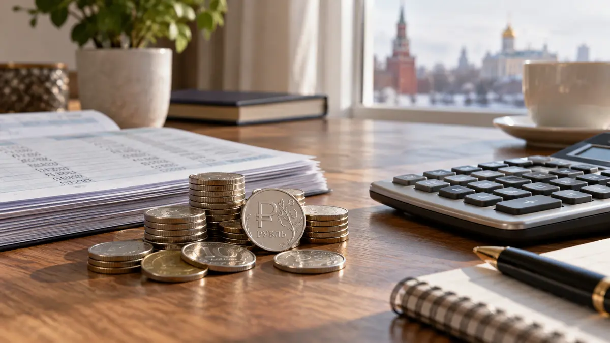 Savings account paperwork and ruble coins beside a calculator on a home desk