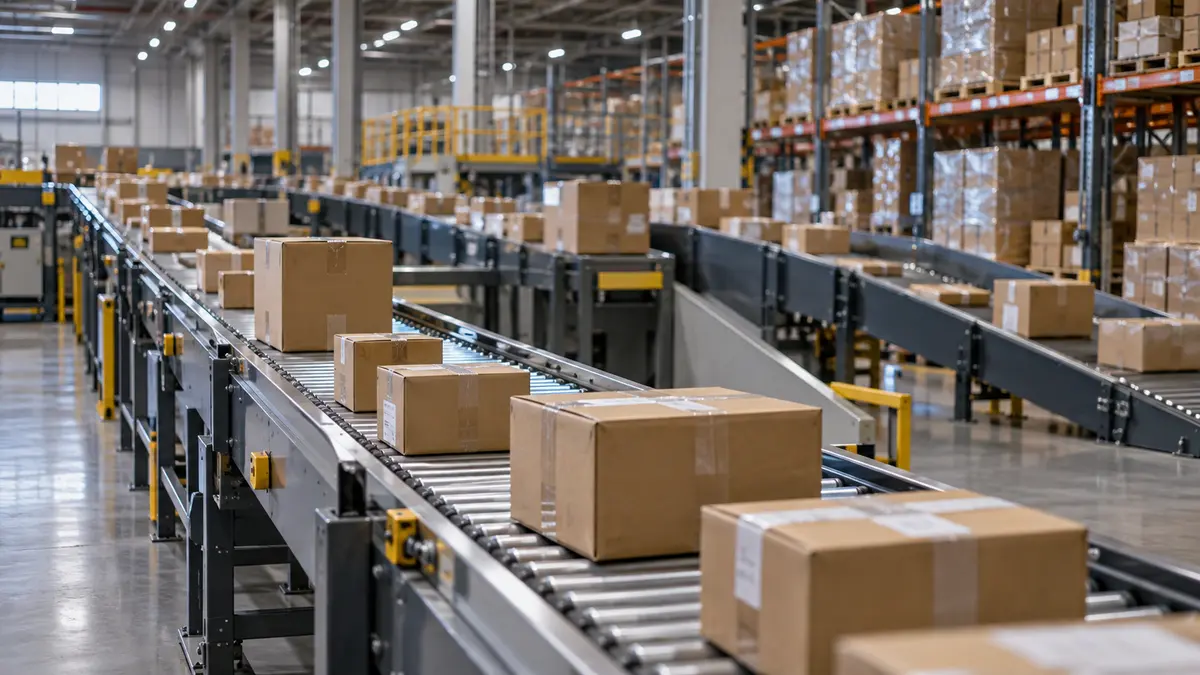 Large ecommerce fulfillment warehouse with parcel sorting conveyors and stacked boxes