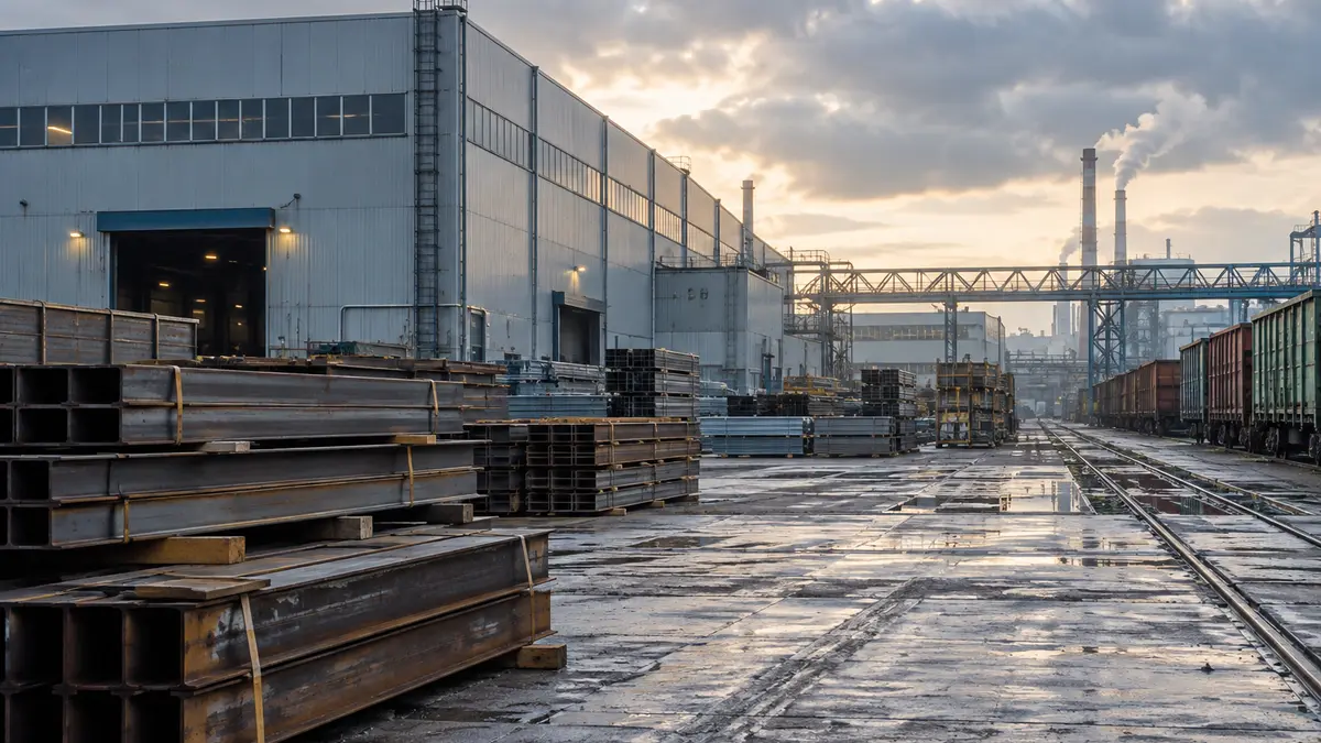 Quiet industrial factory exterior and a freight loading yard in cool daylight