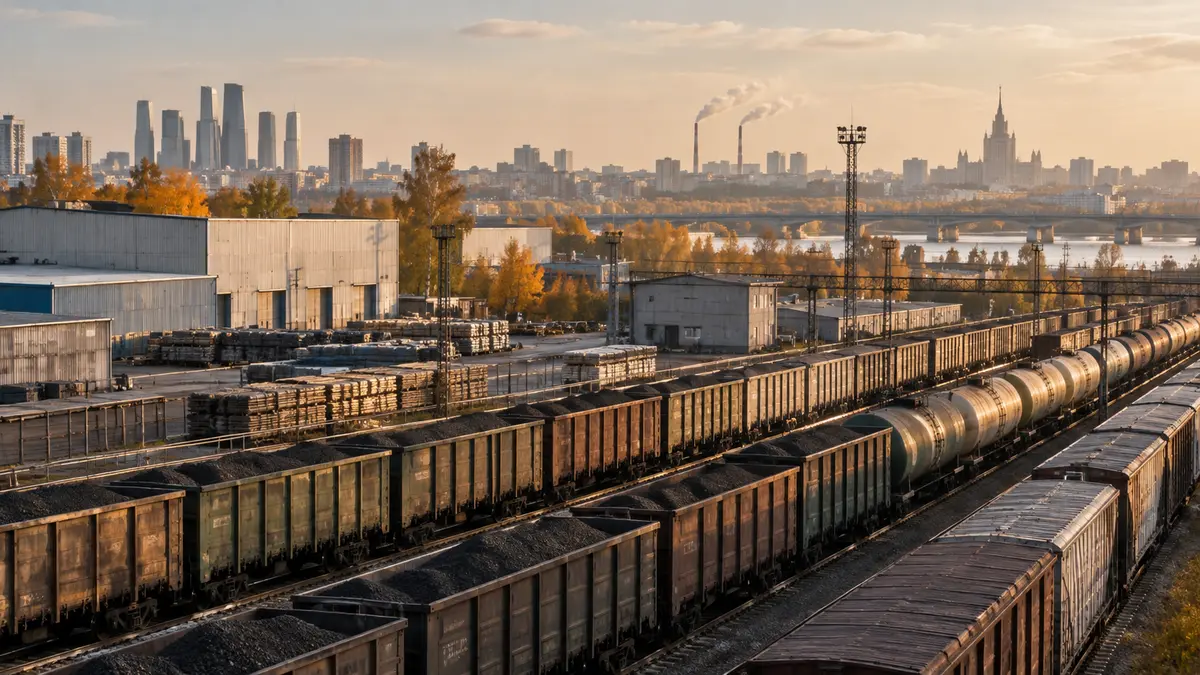 Rail freight yard and industrial warehouses adjoining a city in autumn light