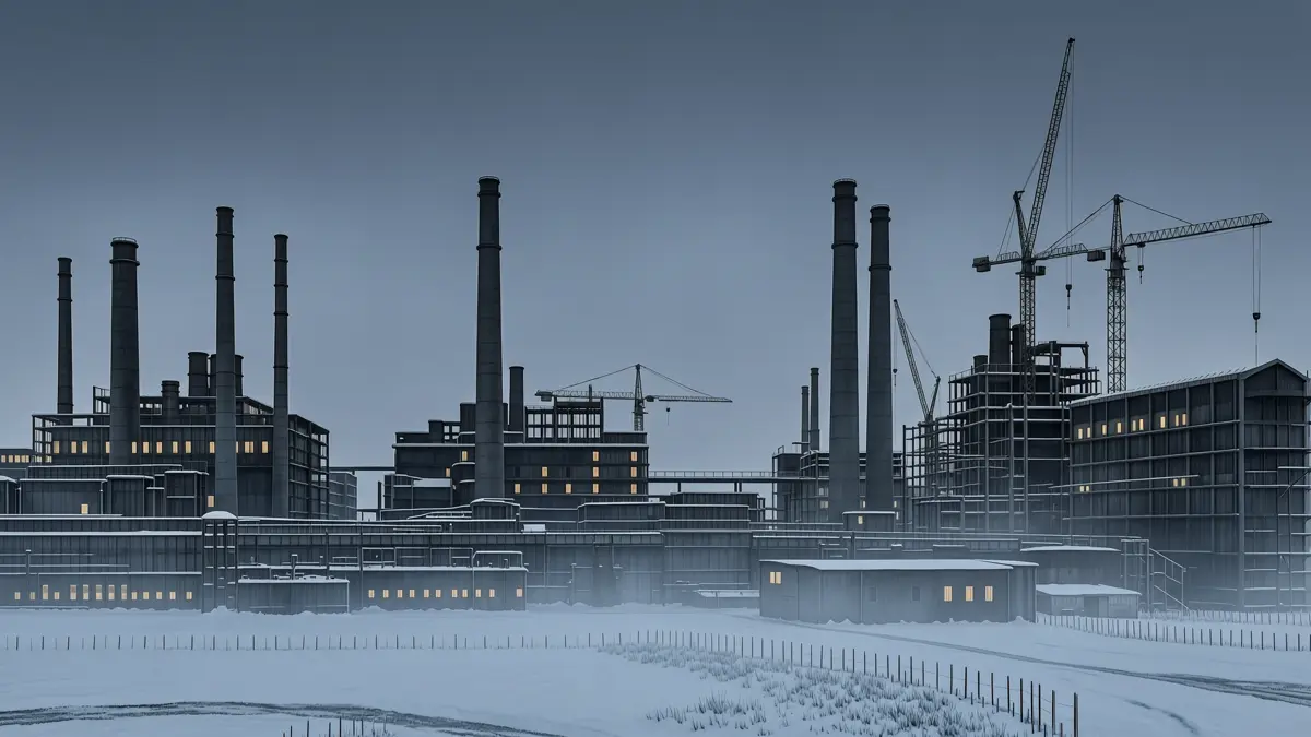 Industrial city in winter twilight with factory chimneys and construction cranes under a steel-blue sky