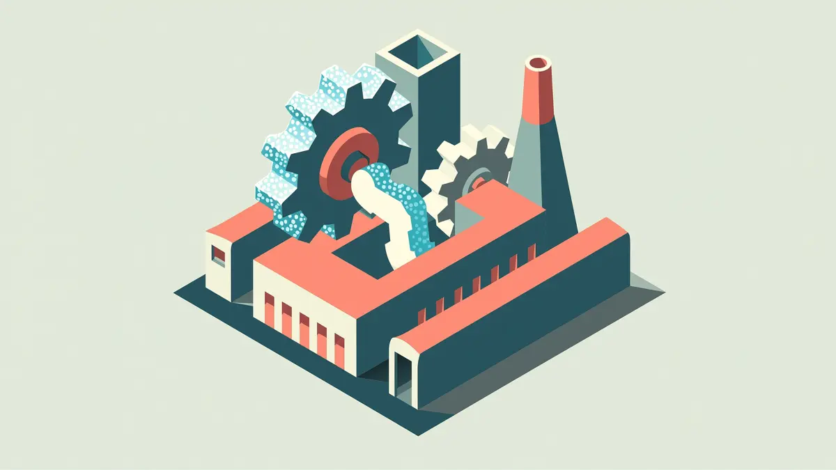 Isometric illustration of a factory with large gears partially frosted with ice crystals