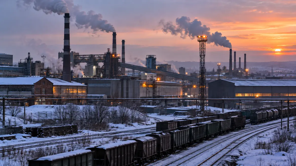 Industrial city district in winter twilight with factory halls