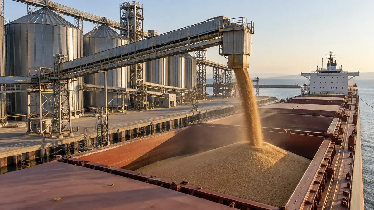 Grain silos and a bulk carrier being loaded at a sea export terminal