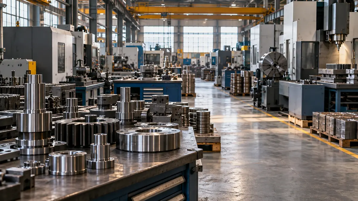 Industrial production hall with machine tools and metal parts on workbenches