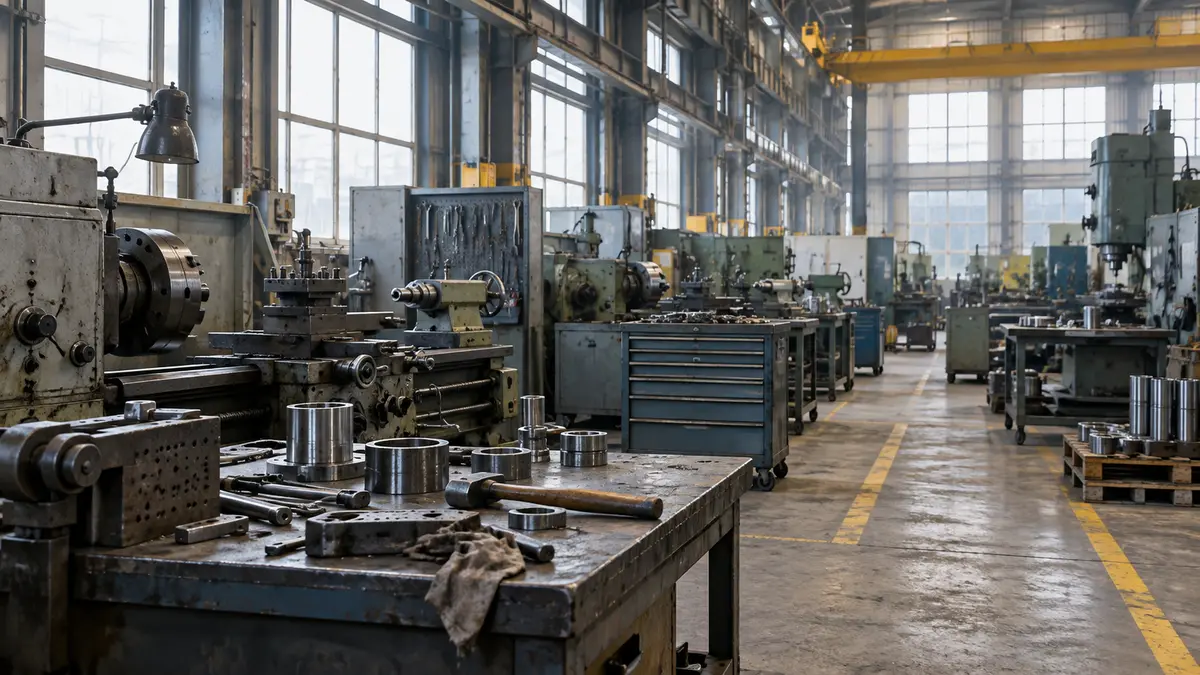 Unoccupied metalworking stations and tools inside a large industrial workshop