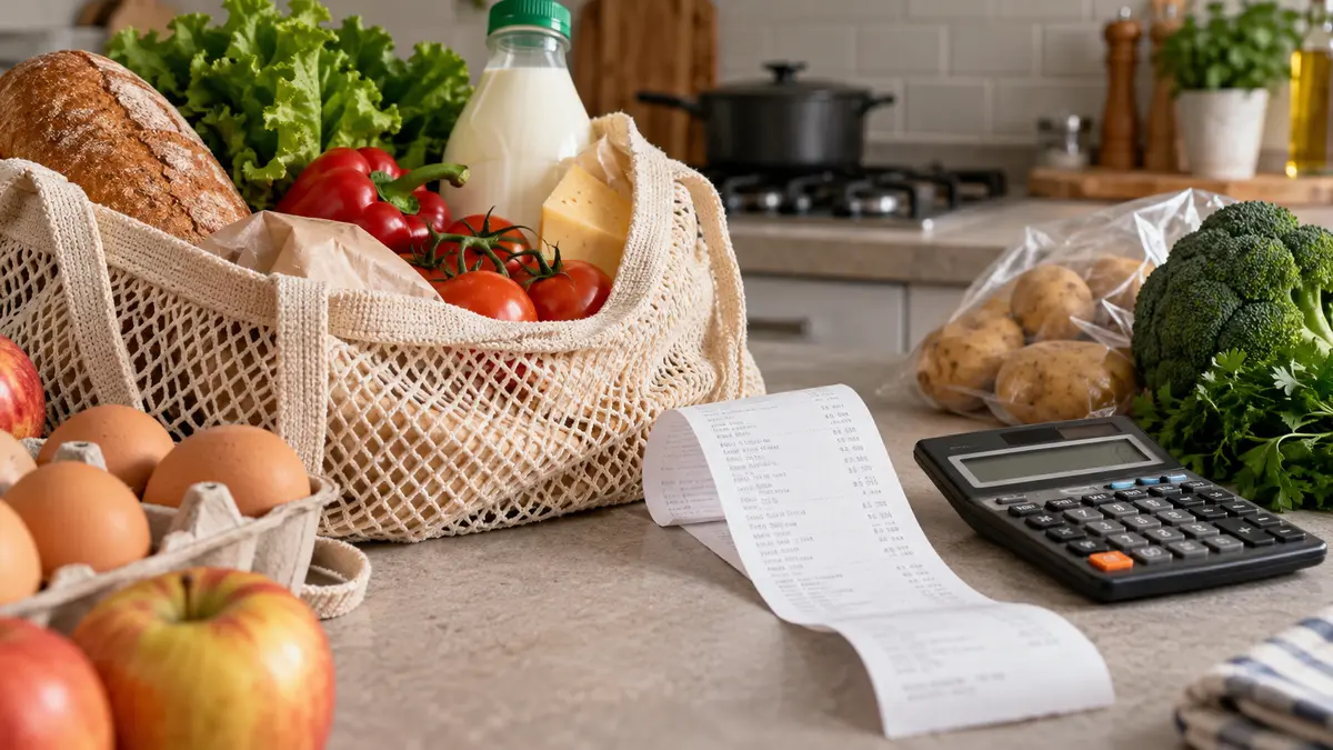 Everyday food basket with a household receipt and a calculator on a kitchen worktop