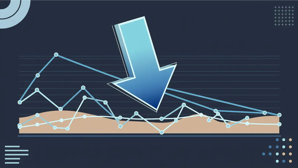 A downward inflation arrow over a line chart