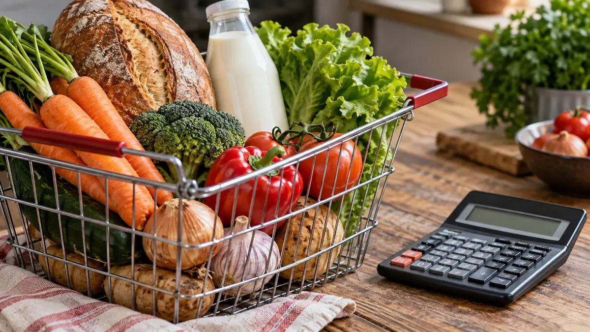 Seasonal vegetables, bread and milk in a grocery basket beside a calculator