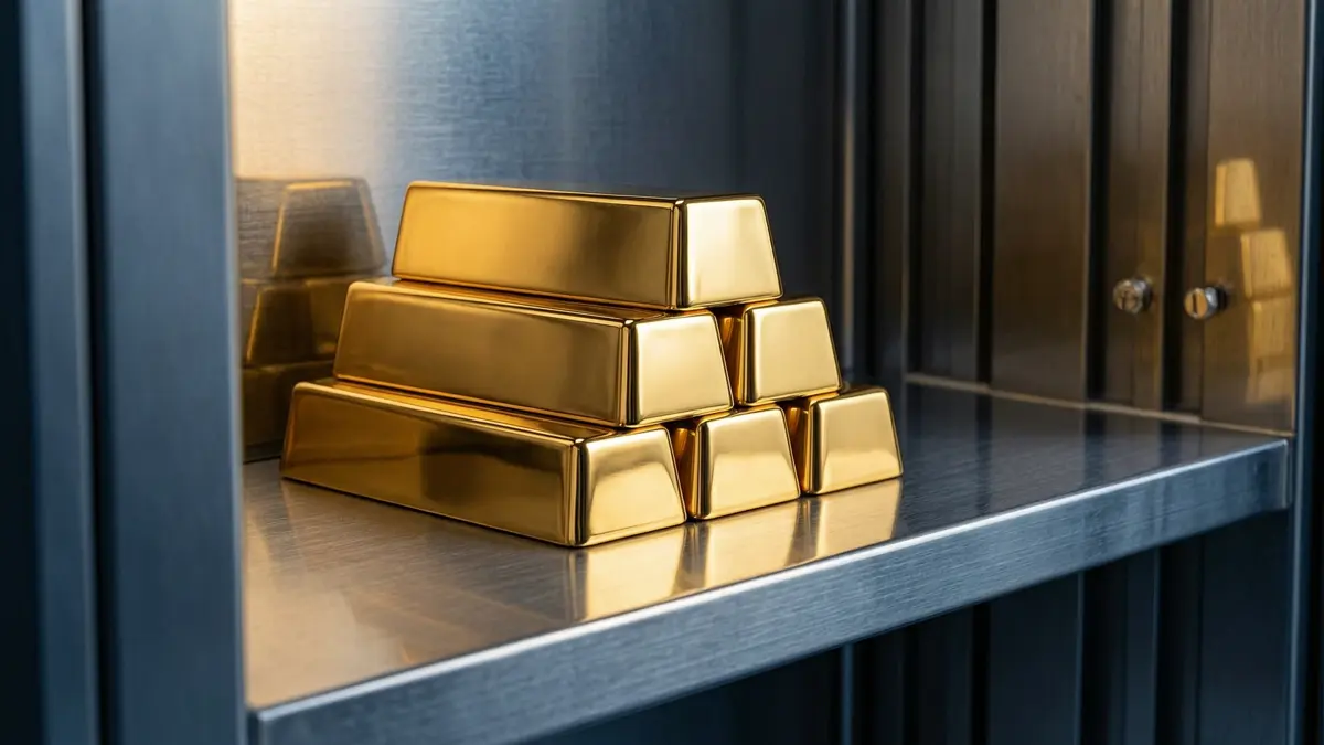 Smooth polished gold bullion bars stacked on a steel shelf inside a bank vault